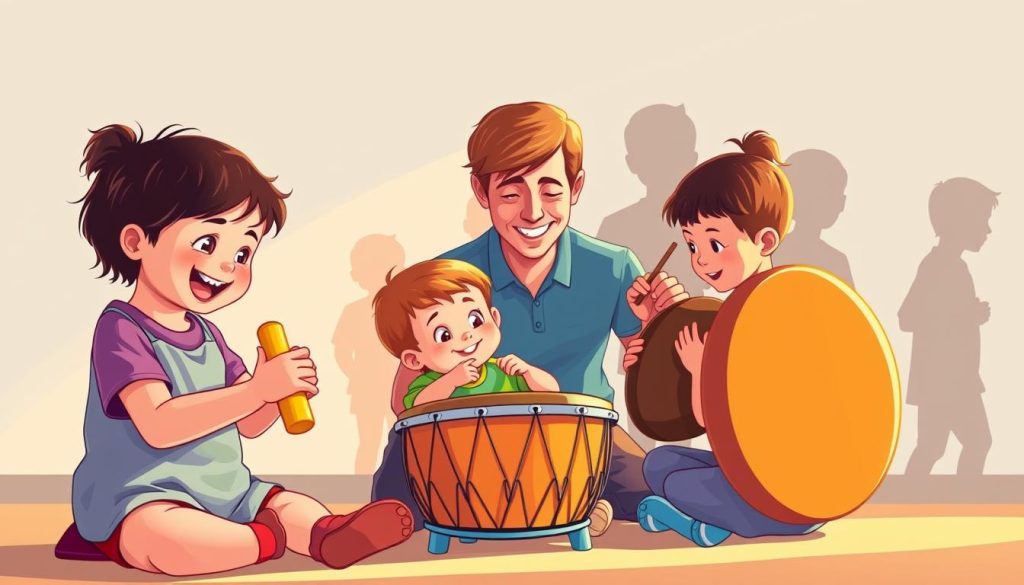 A colorful and playful illustration depicting different age groups engaging with tongue drums. In the foreground, children aged 3 to 5 are happily playing with a brightly colored, cartoonish tongue drum, their faces showing joy and curiosity. In the middle ground, a young child is being guided by an adult in their early 30s, both focused on a larger, more intricate tongue drum designed for older kids. In the background, a subtle gradient of age progression—the silhouettes of teenagers considered in the design of more complex instruments—suggests musical growth. The setting is warmly lit, creating an inviting atmosphere, enhanced by soft shadows. The image should capture the excitement and educational aspect of learning through music, inspiring a sense of adventure and creativity in young learners.