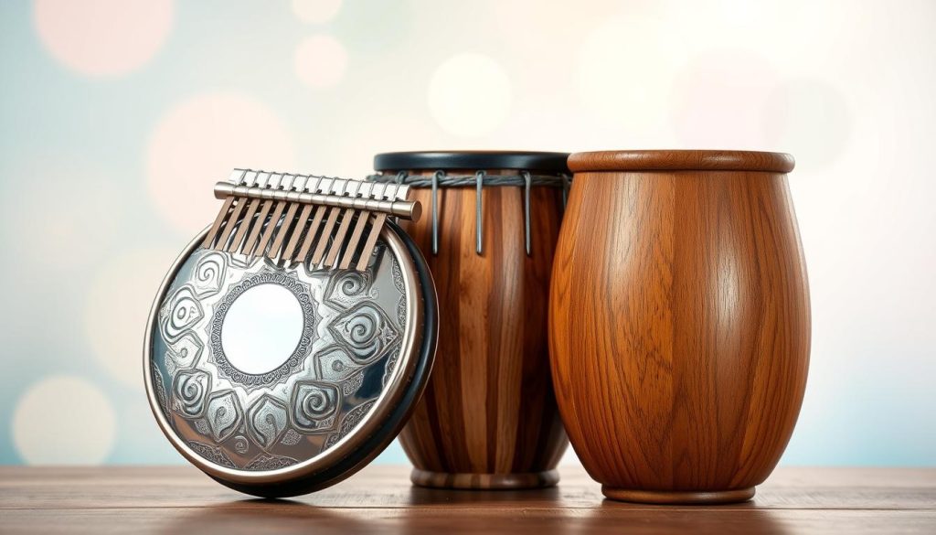 A beautifully arranged tongue drum set against a calming, serene backdrop. In the foreground, a polished steel tongue drum with intricate patterns reflecting light, showcasing its vibrant surface. Beside it, a wooden tongue drum, textured and rich in natural color, highlighting the choice between materials. The middle ground features soft, blended colors to symbolize sound waves emanating from the drums, creating an atmosphere of tranquility. In the background, a gentle gradient of pastel hues, evoking relaxation and calmness, with soft, diffused lighting enhancing the peaceful mood. The scene is captured with a shallow depth of field, emphasizing the instruments while softly blurring the surroundings, inviting viewers into the world of stress relief through music.