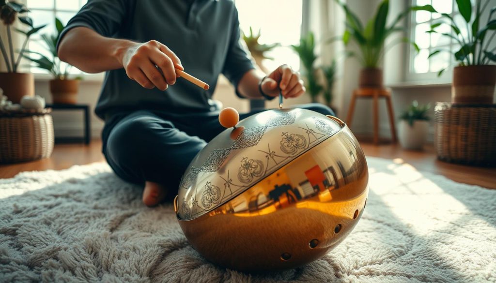 A serene indoor scene featuring a person skillfully playing a tongue drum, seated cross-legged on a soft rug. The foreground captures detailed hand movements gently striking the drum's surface with mallets, showcasing the instrument's intricate designs. The middle ground reveals the vibrant tones of the tongue drum, emphasizing its metallic sheen under soft, warm lighting. In the background, a cozy room is adorned with plants and calming decor, creating an inviting atmosphere. Natural light filters through a nearby window, casting gentle shadows that enhance the mood of tranquility and creativity, highlighting the expressive interaction between the musician and the instrument. The image conveys a sense of harmony and focus, inviting viewers to appreciate the beauty of sound and craftsmanship.