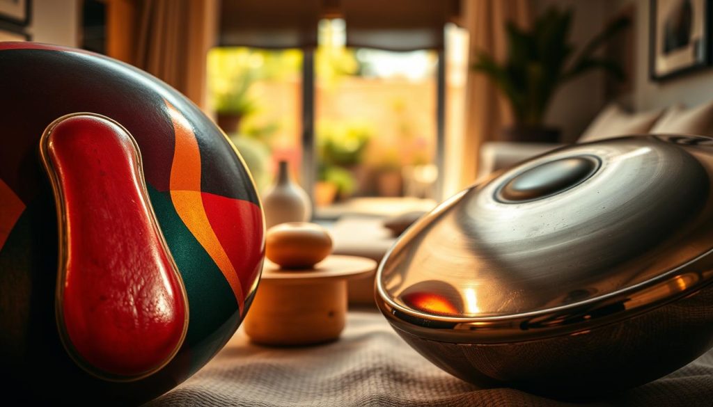 A beautifully arranged image showcasing two different percussion instruments: a tongue drum and a handpan. In the foreground, a close-up of a tongue drum with its vibrant, colorful resonant surfaces, emphasizing its unique shape and intricate patterns, glimmers under soft, natural light. Beside it, a shiny handpan with a polished exterior, elegantly reflecting the surroundings, is slightly angled to showcase its dimpled surface. In the middle ground, a cozy and serene setting with minimalistic decor enhances the theme of relaxation and music. The background features a softly blurred view of a tranquil environment, such as a garden or a peaceful room with warm colors, creating an inviting atmosphere. The lighting is warm and diffused, capturing a calm mood that promotes relaxation and contemplation of sound.