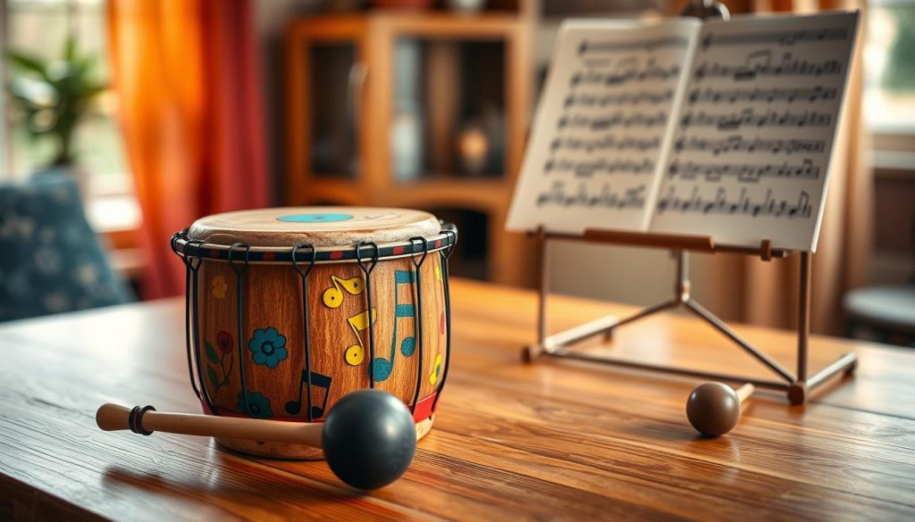 A beautifully arranged tongue drum set on a wooden table, showcasing its array of colorful notes that represent different scales and tones, with mallets gently placed next to the drum. In the foreground, focus on the vibrant, hand-painted surface of the drum, emphasizing the intricate designs. The middle section features soft, warm lighting that creates an inviting atmosphere, enhancing the rich wood texture. In the background, a softly blurred musical staff with notations on a sheet music stand symbolizes the connection between visual art and sound. Capture the mood of tranquility and creativity in a cozy music room, with warm hues and natural light filtering through a window, suggesting a peaceful learning environment. The image should evoke a sense of calm and inspiration for beginners exploring music. A beautifully arranged tongue drum set on a wooden table, showcasing its array of colorful notes that represent different scales and tones, with mallets gently placed next to the drum. In the foreground, focus on the vibrant, hand-painted surface of the drum, emphasizing the intricate designs. The middle section features soft, warm lighting that creates an inviting atmosphere, enhancing the rich wood texture. In the background, a softly blurred musical staff with notations on a sheet music stand symbolizes the connection between visual art and sound. Capture the mood of tranquility and creativity in a cozy music room, with warm hues and natural light filtering through a window, suggesting a peaceful learning environment. The image should evoke a sense of calm and inspiration for beginners exploring music.