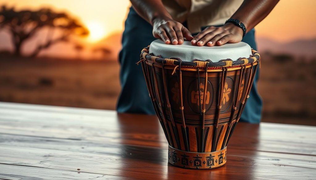 A beautifully crafted djembé drum occupies the foreground, showcasing intricate carvings and vibrant colors of natural fibers wrapped around the body. The drum is positioned on a rich wooden surface, reflecting soft, diffused lighting that highlights its detailed texture. In the middle ground, a serene setting features a pair of hands, clad in modest, casual clothing, gently tapping the drum in a rhythmic pattern, illustrating its use. The background fades softly into an artistic representation of traditional African landscapes, with silhouettes of trees and distant hills under a warm sunset glow. The entire composition conveys a cultural and musical atmosphere, inviting the viewer to consider the ideal size and shape of a djembé for personal use.