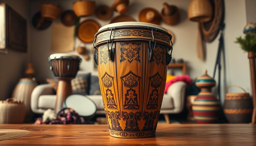 A beautifully crafted djembé drum, showcasing intricate carvings and vibrant patterns typical of African art, prominently placed in the foreground. The drum should be displayed on a polished wooden surface, with natural textures reflecting its cultural heritage. In the middle ground, additional traditional percussion instruments can be subtly arranged, hinting at a rich musical context, such as a djembe stand and colorful textiles. The background features a softly lit room, decorated with woven baskets and cultural artifacts, creating an inviting atmosphere. Warm, diffused lighting casts gentle shadows, enhancing the wood grains of the djembé. The overall mood is harmonious and inspiring, conveying the essence of world music and exceptional craftsmanship.