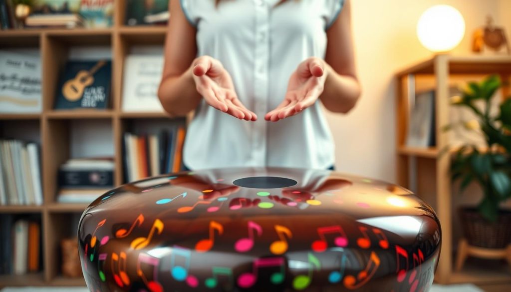 A beautifully crafted tongue drum, featuring a harmonious arrangement of vibrant, colorful notes, positioned prominently in the foreground. The drum, made of polished metal with an intricate surface design, reflects soft, warm light that highlights its curves and textures. In the middle ground, a pair of hands gently hover above the drum, poised to play, dressed in modest, casual attire that reflects a relaxed yet enthusiastic vibe. The background is softly blurred with a cozy room setting, showcasing shelves filled with musical books and a plant, creating an inviting and focused atmosphere. The lighting is ambient, enhancing the warm colors of the drum and conveying a sense of tranquility and inspiration, perfect for adult beginners eager to start their musical journey. A beautifully crafted tongue drum, featuring a harmonious arrangement of vibrant, colorful notes, positioned prominently in the foreground. The drum, made of polished metal with an intricate surface design, reflects soft, warm light that highlights its curves and textures. In the middle ground, a pair of hands gently hover above the drum, poised to play, dressed in modest, casual attire that reflects a relaxed yet enthusiastic vibe. The background is softly blurred with a cozy room setting, showcasing shelves filled with musical books and a plant, creating an inviting and focused atmosphere. The lighting is ambient, enhancing the warm colors of the drum and conveying a sense of tranquility and inspiration, perfect for adult beginners eager to start their musical journey.