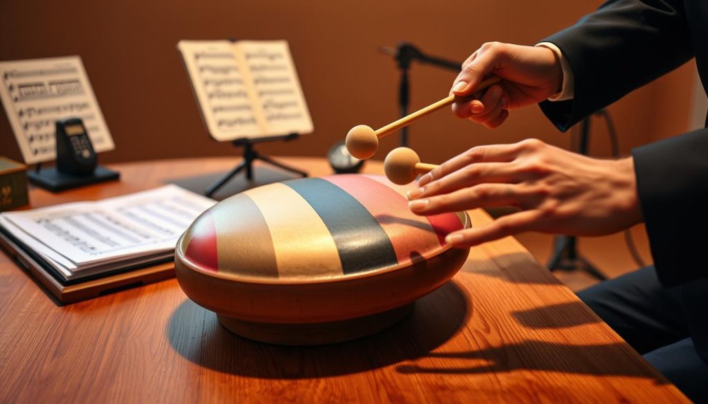 A focused close-up of a tongue drum being played, positioned on a wooden table in a well-lit practice space. The foreground features a pair of hands, elegantly positioned and expertly striking the drum with mallets. The hands are adorned with stylish and professional attire, showcasing a sense of precision and control. In the middle ground, the vibrant colors of the tongue drum create a harmonious contrast with the earthy tones of the table, emphasizing the connection between musician and instrument. In the background, soft, blurred outlines of sheet music and a metronome hint at a dedicated practice environment. The warm, diffused lighting casts gentle shadows, enhancing the calm and focused atmosphere, ideal for honing speed and accuracy in playing. A focused close-up of a tongue drum being played, positioned on a wooden table in a well-lit practice space. The foreground features a pair of hands, elegantly positioned and expertly striking the drum with mallets. The hands are adorned with stylish and professional attire, showcasing a sense of precision and control. In the middle ground, the vibrant colors of the tongue drum create a harmonious contrast with the earthy tones of the table, emphasizing the connection between musician and instrument. In the background, soft, blurred outlines of sheet music and a metronome hint at a dedicated practice environment. The warm, diffused lighting casts gentle shadows, enhancing the calm and focused atmosphere, ideal for honing speed and accuracy in playing.