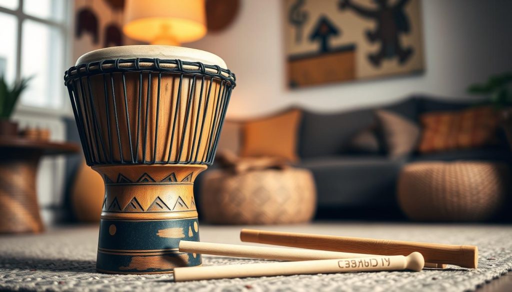 A focused image of a budget-friendly djembé, prominently displayed in the foreground. The djembé should be crafted from naturally finished wood with a traditional African design, showing intricate carvings and a tightly woven goat skin drumhead. In the middle ground, soft drumming sticks lie beside the djembé, hinting at a user-friendly experience for beginners. The background features a warm, inviting atmosphere, showcasing a cozy room with subtle cultural decor—perhaps an African textile or artwork on the wall. The lighting is soft and warm, casting gentle shadows and highlighting the wood grain of the drum, creating an intimate and approachable mood. The angle should provide a three-quarters view of the djembé, inviting the viewer to appreciate its craftsmanship and suitability for all budgets.