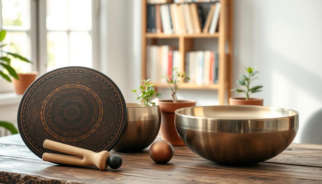 A serene and inviting scene depicting various tongue drums and handpans displayed elegantly on a rustic wooden table. In the foreground, a beautifully crafted tongue drum, with intricate patterns and a glossy finish, is placed alongside a handpan, showcasing its smooth, metallic surface. In the middle ground, soft natural light filters through a window, casting gentle shadows that enhance the texture of the instruments. Delicate plants in terracotta pots provide a touch of greenery, grounding the scene in relaxation and tranquility. The background features a softly blurred shelf filled with music books and a calm, soothing color palette of greens and browns to evoke a sense of peacefulness. The overall mood is serene and contemplative, inviting viewers to explore the world of relaxation through music.