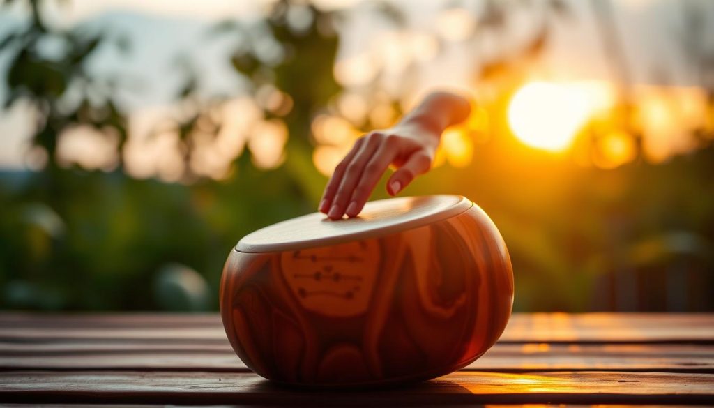 A serene and vibrant scene featuring a beautifully crafted tongue drum, positioned prominently in the foreground. The tongue drum, with its intricate patterns and warm, wooden finishes, reflects soft ambient light and glows invitingly. In the middle ground, a pair of hands, gently tapping the drum, conveys a sense of creativity and spontaneity. The background is filled with blurred greenery, enhancing the tranquility of the atmosphere. The lighting is soft and diffused, simulating the warmth of a sunset, creating a calm and inspiring mood. The camera angle is slightly elevated, giving a dynamic perspective that highlights the interaction between the player and the instrument, emphasizing the theme of creativity and harmony.