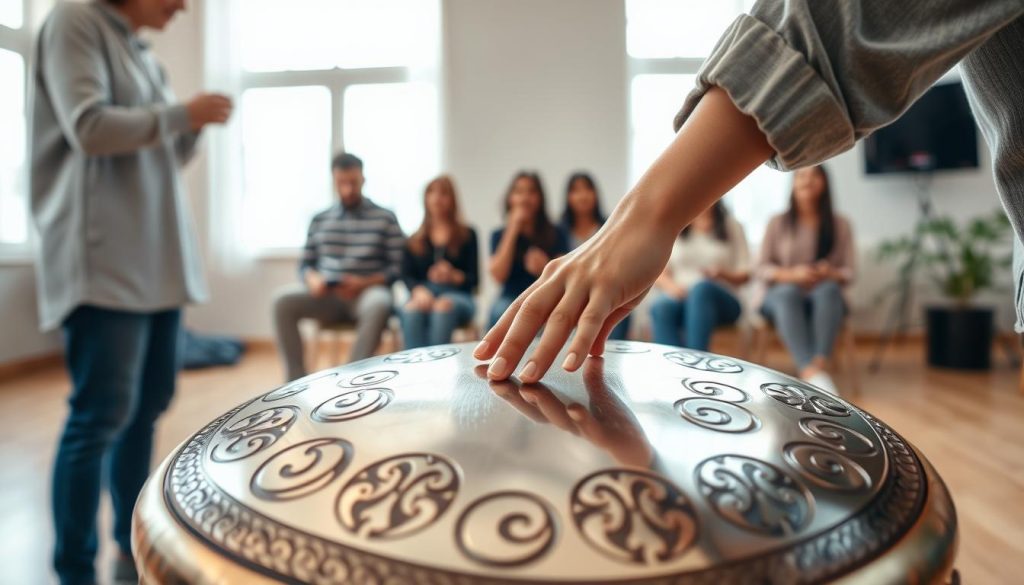 A serene indoor setting featuring a tongue drum prominently placed in the foreground, showcasing its shiny, metallic surface with intricate carvings. A pair of hands, dressed in casual yet modest attire, gently tapping on the drum, creating a harmonious sound. In the middle ground, a diverse group of individuals, all wearing casual, comfortable clothing, are engaged in a relaxed session of music practice, reflecting concentration and joy. The background features soft, natural lighting coming through large windows, casting a warm glow over the scene, enhancing the calm atmosphere. This image captures the essence of playful music-making, symbolizing the practice of the pentatonic scale, inviting viewers to feel the tranquility and creativity associated with playing a tongue drum. A serene indoor setting featuring a tongue drum prominently placed in the foreground, showcasing its shiny, metallic surface with intricate carvings. A pair of hands, dressed in casual yet modest attire, gently tapping on the drum, creating a harmonious sound. In the middle ground, a diverse group of individuals, all wearing casual, comfortable clothing, are engaged in a relaxed session of music practice, reflecting concentration and joy. The background features soft, natural lighting coming through large windows, casting a warm glow over the scene, enhancing the calm atmosphere. This image captures the essence of playful music-making, symbolizing the practice of the pentatonic scale, inviting viewers to feel the tranquility and creativity associated with playing a tongue drum.