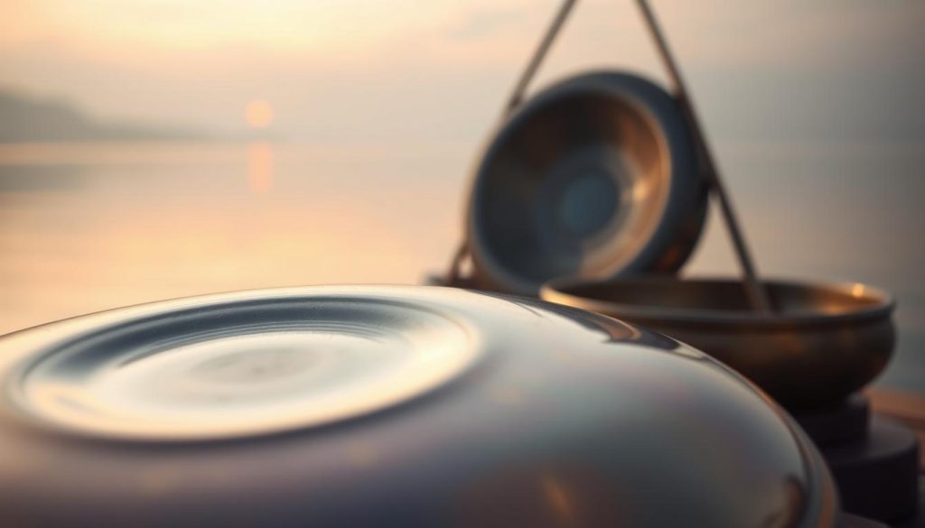 A serene scene capturing the essence of "sonorités sustain résonance" through musical instruments, primarily a tongue drum and a handpan, set against a tranquil backdrop. In the foreground, the tongue drum glistens under soft, warm lighting, its metallic surface reflecting vibrant colors. The handpan, slightly blurred, is poised elegantly in the middle ground, emitting gentle, flowing sound waves that visually evoke the feeling of resonance. Behind them, a dreamy landscape of muted hues, like a calm lake at dusk, enhances the atmosphere of relaxation and meditative peace. Subtle ethereal light filters through, creating an inviting ambiance, while the perspective is a slightly elevated angle, focusing on the intricate details of the instruments, highlighting their craftsmanship and inviting the viewer to experience the soothing sounds visually.