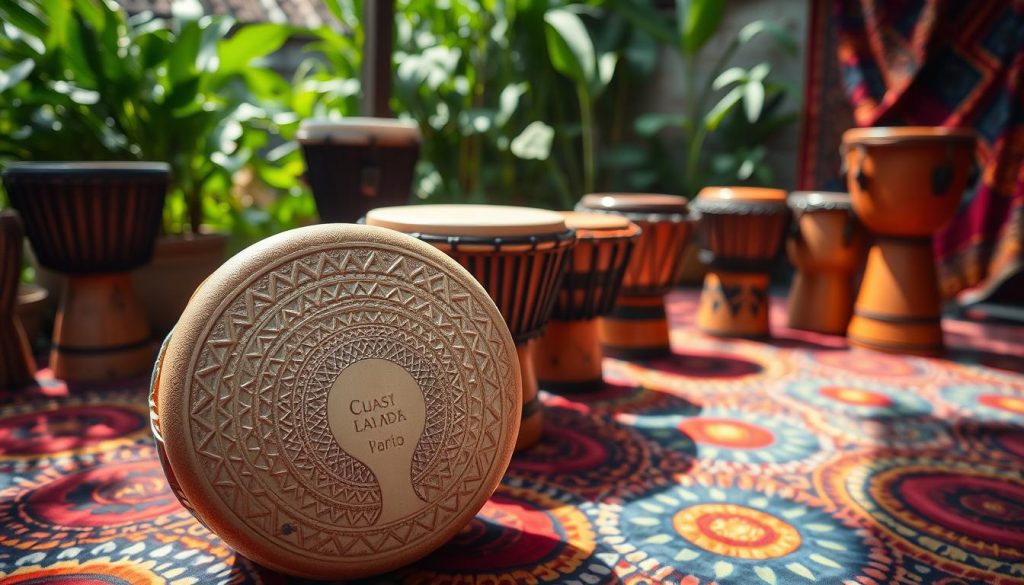 A serene setting showcasing various djembés arranged neatly on a vibrant tapestry. In the foreground, a beautifully crafted djembé with intricate carvings and a polished finish captures attention, its textured drumhead glistening in soft, natural light. The middle ground features additional djembés of different sizes and wood types, highlighting their unique designs and construction details. In the background, lush greenery and colorful African textiles create an inviting atmosphere, enhancing the warmth and cultural essence of the instruments. The scene is illuminated by gentle, diffused sunlight, casting soft shadows that emphasize the craftsmanship. The overall mood conveys a sense of exploration and appreciation for the art of choosing the best djembé, inviting viewers to engage with the rich heritage of this iconic instrument.