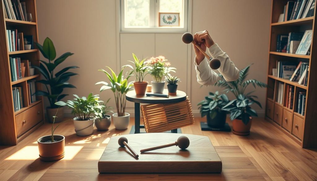 A serene, well-lit wooden workspace featuring a beautifully crafted tongue drum at the center. In the foreground, a pair of skilled hands, dressed in casual yet professional clothing, gently prepare the instrument, adjusting the mallets and checking for proper tuning. The drum's vibrant metallic surface reflects soft golden light, emphasizing its intricate patterns. In the middle ground, a small table holds accessories like tuning tools and a tuning fork, surrounded by potted plants that add a touch of nature. The background shows shelves filled with music books and decorative items, creating a cozy, inspiring atmosphere. The overall mood is calm and focused, conveying the essence of preparation for a comfortable and resonant playing experience. A serene, well-lit wooden workspace featuring a beautifully crafted tongue drum at the center. In the foreground, a pair of skilled hands, dressed in casual yet professional clothing, gently prepare the instrument, adjusting the mallets and checking for proper tuning. The drum's vibrant metallic surface reflects soft golden light, emphasizing its intricate patterns. In the middle ground, a small table holds accessories like tuning tools and a tuning fork, surrounded by potted plants that add a touch of nature. The background shows shelves filled with music books and decorative items, creating a cozy, inspiring atmosphere. The overall mood is calm and focused, conveying the essence of preparation for a comfortable and resonant playing experience.