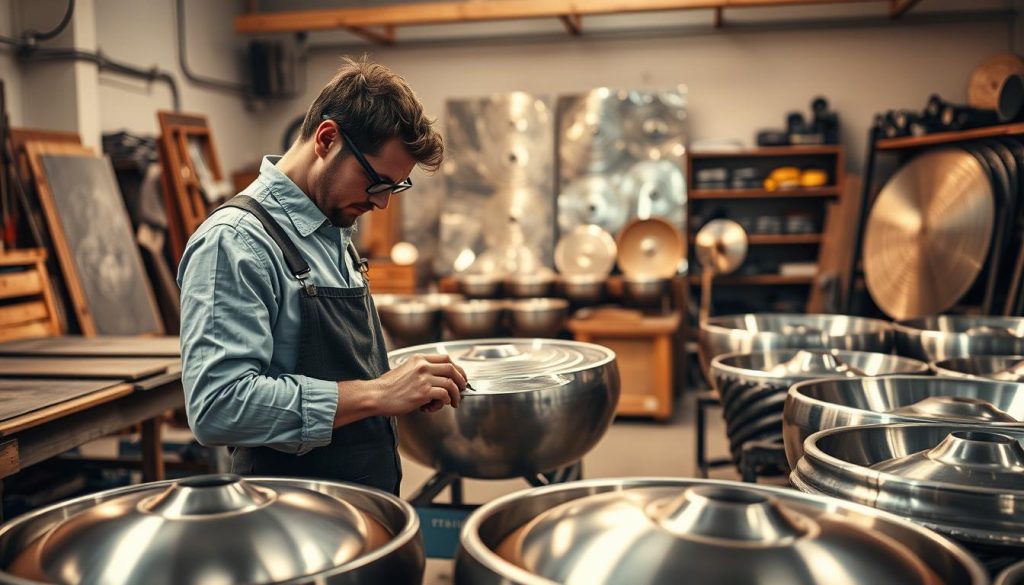 A serene workshop environment showcasing the process of steel fabrication for musical instruments, particularly tongue drums and handpans. In the foreground, a skilled artisan, dressed in professional attire, is carefully shaping a steel sheet with precision tools, surrounded by various handpan molds and tuning equipment. In the middle, the workspace is filled with glimmering sheets of steel and intricate designs, illustrating the craftsmanship involved. The background features soft, warm lighting that highlights the metallic textures and reflects a calm, creative atmosphere. The composition is shot from a slightly elevated angle, giving an overview of the workspace while focusing on the artisan’s detailed work, evoking a sense of dedication and artistry in steel manufacturing.
