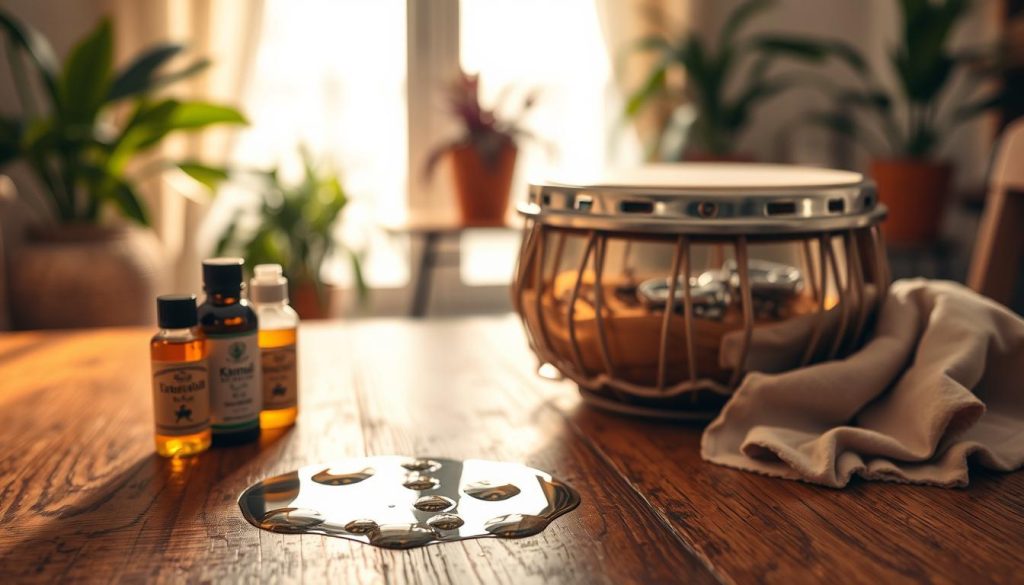 A beautifully arranged scene showcasing a tongue drum placed on a wooden table, surrounded by various protective items against humidity and rust. In the foreground, elegantly displayed are bottles of natural oil and a soft cloth, hinting at maintenance care. The tongue drum glimmers under warm, soft lighting, emphasizing its metallic texture and intricate design. In the middle ground, a close-up reveals droplets of water on the table, contrasting with the dry drum surface, reinforcing the theme of protection from moisture. The background fades into a cozy, softly lit room with plants and a window, creating a serene atmosphere. The overall mood is calm and inviting, perfect for showcasing the importance of caring for musical instruments.