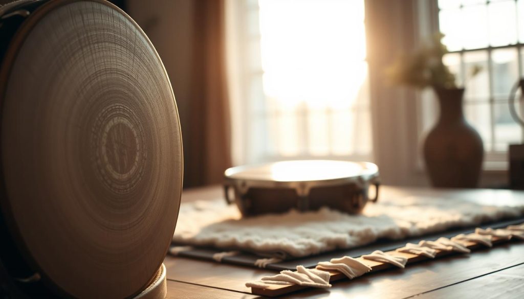 A beautifully crafted protection tambour for a tongue drum, set in a serene home environment. In the foreground, showcase the tambour with detailed textures, including its smooth surface and intricate designs. The middle layer features a tongue drum resting on a soft, protective mat, highlighting the importance of avoiding damage. In the background, softly blurred natural light streams through a window, creating a warm and inviting atmosphere. Include gentle shadows to add depth, as if the scene is illuminated during golden hour. The mood should evoke tranquility and care, emphasizing the protective aspect, while keeping the overall composition harmonious and focused on the tambour and tongue drum.