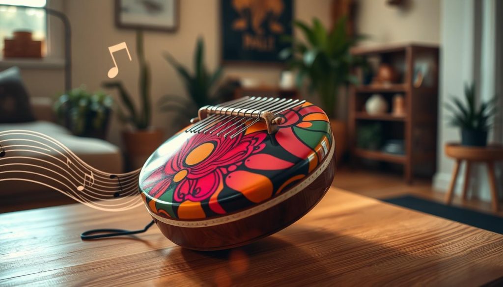 A beautifully crafted tongue drum is prominently displayed in the foreground, showcasing its vibrant, colorful surface with intricate patterns that reflect light. The instrument is set on a wooden surface illuminated by soft, warm lighting, enhancing the natural wood texture. In the middle ground, hints of musical notes and playful sounds visually represented by shimmering waves and gentle swirls, suggesting improvisation. The background features a serene indoor space decorated in earthy tones, with a few plants adding a touch of greenery. The atmosphere is calming and inviting, evoking creativity and inspiration for music. The angle is slightly top-down, capturing both the drum and the atmosphere around it, inviting viewers to immerse themselves in the world of improvisation with this unique instrument.