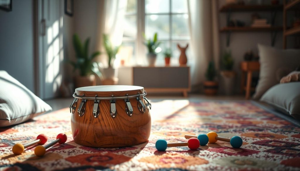 A beautifully crafted tongue drum, made of high-quality wood with a polished finish, sits prominently in the foreground, showcasing its intricate design with multiple tuning tongues. Surrounding it are small, colorful mallets positioned neatly, enhancing the inviting atmosphere. In the middle, a cozy room filled with soft, natural light filters through a window, casting gentle shadows on a soft, colorful rug, creating a warm environment. In the background, there are hints of calming décor, like potted plants and soft cushions, invoking a sense of tranquility. The overall mood exudes safety and comfort, highlighting the tongue drum as a refined, serious instrument for therapeutic use rather than a mere toy for children. The camera captures this scene using a shallow depth of field, focusing sharply on the drum while softly blurring the background for an intimate feel. A beautifully crafted tongue drum, made of high-quality wood with a polished finish, sits prominently in the foreground, showcasing its intricate design with multiple tuning tongues. Surrounding it are small, colorful mallets positioned neatly, enhancing the inviting atmosphere. In the middle, a cozy room filled with soft, natural light filters through a window, casting gentle shadows on a soft, colorful rug, creating a warm environment. In the background, there are hints of calming décor, like potted plants and soft cushions, invoking a sense of tranquility. The overall mood exudes safety and comfort, highlighting the tongue drum as a refined, serious instrument for therapeutic use rather than a mere toy for children. The camera captures this scene using a shallow depth of field, focusing sharply on the drum while softly blurring the background for an intimate feel.