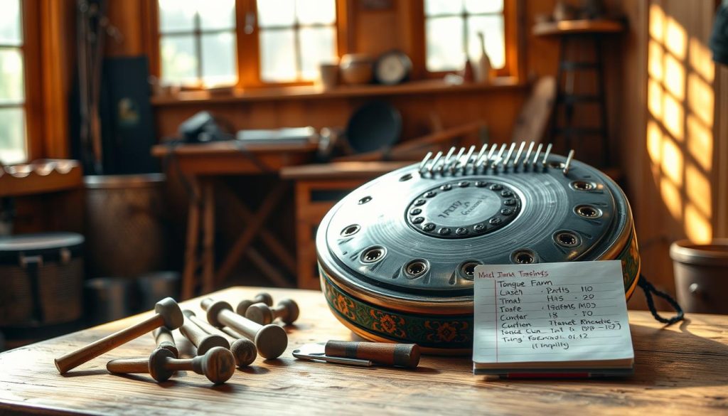A beautifully crafted tongue drum prominently displayed in the foreground, showcasing its intricate patterns and vibrant colors. The instrument's steel surface gleams under soft, natural lighting, highlighting the precision of its tuning holes. In the middle ground, an array of tuning tools like small hammers, tuning forks, and a notepad with notes on maintenance techniques are neatly arranged, emphasizing the theme of care and upkeep. The background features a serene, wooden workshop with warm, earthy tones, creating a calming atmosphere that invites a sense of craftsmanship. Sunlight streams through a nearby window, casting gentle shadows and enhancing the mood of creativity and dedication to maintenance. The overall scene captures the harmonious relationship between the instrument and its upkeep.