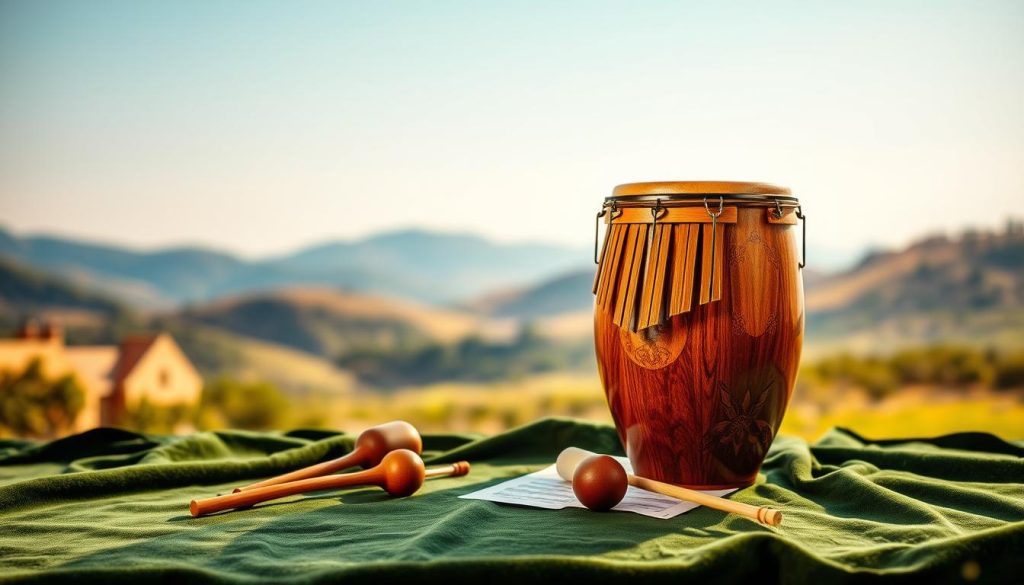 A beautifully crafted tongue drum sits in the foreground, showcasing its intricate design with glossy, wooden tones that reflect warm, natural light. The drum features engraved patterns and resonating tongues, set against a soft, plush, dark green velvet cloth that enhances its elegance. The middle ground reveals subtle accessories like mallets and sheet music, hinting at its musical capabilities. In the background, a soft-focus, serene landscape featuring gentle hills and a clear blue sky adds a harmonious ambiance, symbolizing the tranquil sound frequencies of 432 Hz and 440 Hz. The lighting is warm and inviting, creating a peaceful atmosphere, as if inviting the viewer to experience the soothing sounds of the tongue drum. The composition is captured at eye level, emphasizing the craftsmanship and beauty of the instrument. A beautifully crafted tongue drum sits in the foreground, showcasing its intricate design with glossy, wooden tones that reflect warm, natural light. The drum features engraved patterns and resonating tongues, set against a soft, plush, dark green velvet cloth that enhances its elegance. The middle ground reveals subtle accessories like mallets and sheet music, hinting at its musical capabilities. In the background, a soft-focus, serene landscape featuring gentle hills and a clear blue sky adds a harmonious ambiance, symbolizing the tranquil sound frequencies of 432 Hz and 440 Hz. The lighting is warm and inviting, creating a peaceful atmosphere, as if inviting the viewer to experience the soothing sounds of the tongue drum. The composition is captured at eye level, emphasizing the craftsmanship and beauty of the instrument.