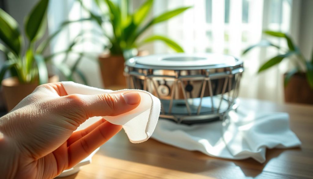 A close-up image of soft, luxurious chiffon microfiber being used to clean a tongue drum, emphasizing its delicate texture and gentle touch. The foreground features a hand holding a piece of the microfiber cloth, showcasing its fine fibers in a light, airy manner. In the middle, a beautifully crafted tongue drum sits on a polished wooden surface, reflecting natural light that illuminates its metallic surface and intricate design. The background is softly blurred, with hints of green plants and natural light pouring in, creating a serene and peaceful atmosphere. The overall mood is one of care and attention, highlighting the importance of using the right materials for maintenance. The image should be well-lit, with a soft focus effect to enhance the cleanliness and texture of the microfiber cloth against the drum.