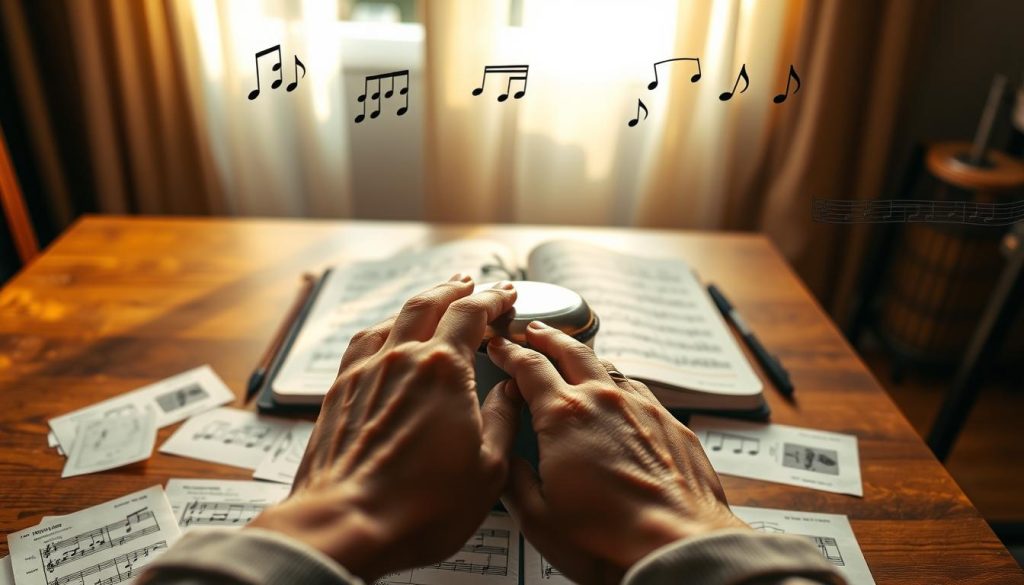 A close-up view of a tongue drum set on a wooden table, surrounded by various musical notes and symbols representing common improvisation mistakes. In the foreground, a pair of hands gently striking the drum, showcasing a look of concentration and curiosity. The middle ground features an open notebook with scribbled notes and sketches, hinting at the learning process. The background is softly blurred to focus on the main elements, with warm, natural light flooding the scene, creating a cozy, inviting atmosphere. The entire setting evokes a sense of calm exploration and creativity, ideal for a musician's practice space.
