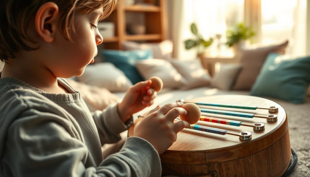 A serene and inviting scene depicting a child gently playing a tongue drum, using both fingers and mallets to create soft, melodic sounds. In the foreground, focus on the child's hands, skillfully striking the drum's colorful notes, showcasing intricate finger movements and the delicate texture of the drum's surface. In the middle ground, a cozy, well-lit room filled with calming decor—soft cushions, and soothing colors—provides an atmosphere of tranquility and focus. The background features gentle sunlight streaming through a window, illuminating the room and casting soft shadows, enhancing the mood of peaceful engagement. The entire composition exudes warmth and serenity, ideal for highlighting the techniques of playing the tongue drum as a calming tool. A serene and inviting scene depicting a child gently playing a tongue drum, using both fingers and mallets to create soft, melodic sounds. In the foreground, focus on the child's hands, skillfully striking the drum's colorful notes, showcasing intricate finger movements and the delicate texture of the drum's surface. In the middle ground, a cozy, well-lit room filled with calming decor—soft cushions, and soothing colors—provides an atmosphere of tranquility and focus. The background features gentle sunlight streaming through a window, illuminating the room and casting soft shadows, enhancing the mood of peaceful engagement. The entire composition exudes warmth and serenity, ideal for highlighting the techniques of playing the tongue drum as a calming tool.