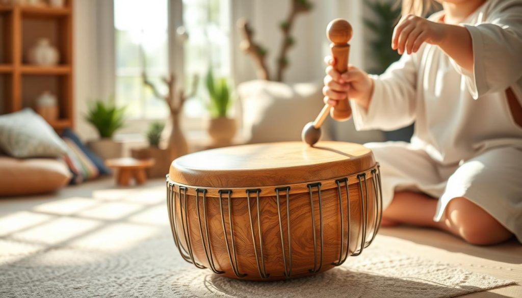 A serene indoor setting featuring a beautifully crafted tongue drum made of wood, showcasing its circular shape and unique metal tongues. In the foreground, soft natural light illuminates the drum, highlighting its rich textures and warm tones. A pair of gentle hands, perhaps of a child wearing soft, modest clothing, gracefully taps the drum with mallets, creating a calming atmosphere. In the middle ground, playful yet tranquil décor is depicted, like plants and cushions, enhancing the cozy environment. In the background, a softly blurred window reveals a hint of nature outside, with sunlight filtering in, adding to the peaceful vibe. The overall mood is soothing and inviting, perfect for illustrating the calming effects of the tongue drum for sensitive children. A serene indoor setting featuring a beautifully crafted tongue drum made of wood, showcasing its circular shape and unique metal tongues. In the foreground, soft natural light illuminates the drum, highlighting its rich textures and warm tones. A pair of gentle hands, perhaps of a child wearing soft, modest clothing, gracefully taps the drum with mallets, creating a calming atmosphere. In the middle ground, playful yet tranquil décor is depicted, like plants and cushions, enhancing the cozy environment. In the background, a softly blurred window reveals a hint of nature outside, with sunlight filtering in, adding to the peaceful vibe. The overall mood is soothing and inviting, perfect for illustrating the calming effects of the tongue drum for sensitive children.
