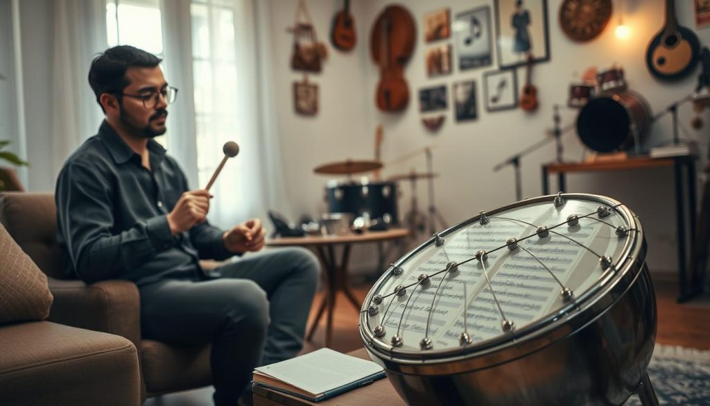 A serene indoor setting showcasing a beautifully crafted tongue drum made of high-quality metal, prominently displayed in the foreground. A focused musician in modest casual clothing, seated comfortably, gently prepares the instrument with polished mallets in hand. The musician's posture is upright yet relaxed, embodying an effective and engaging demeanor. Soft, warm lighting illuminates the scene, casting gentle shadows that highlight the drum's intricate design. In the middle ground, a small table holds a few other percussion instruments and a notebook filled with handwritten notes, suggesting a creative atmosphere. The background features a cozy room adorned with musical decor, creating an inviting ambiance that encourages improvisation and musical exploration. The overall mood is calm, inspiring, and conducive to learning.