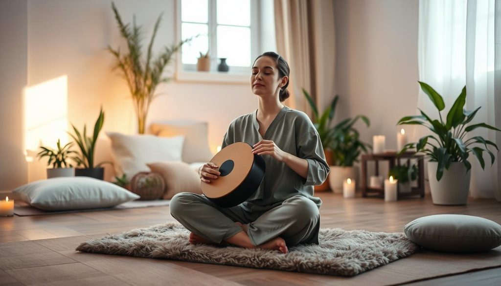 A serene meditation scene set in a softly lit, tranquil environment. In the foreground, a person sitting cross-legged on a plush mat, wearing modest, comfortable clothing, is peacefully playing a tongue drum, radiating calm energy. Their closed eyes and serene expression embody focus and intention. In the middle ground, various plants, soft cushions, and candles create an inviting atmosphere, enhancing the sense of relaxation and mindfulness. The background features a gentle light filtering through a window, illuminating the space with a warm glow, suggesting a peaceful morning or evening time. The overall mood is one of serenity and contemplation, reflecting the importance of intention behind music and meditation practices. A serene meditation scene set in a softly lit, tranquil environment. In the foreground, a person sitting cross-legged on a plush mat, wearing modest, comfortable clothing, is peacefully playing a tongue drum, radiating calm energy. Their closed eyes and serene expression embody focus and intention. In the middle ground, various plants, soft cushions, and candles create an inviting atmosphere, enhancing the sense of relaxation and mindfulness. The background features a gentle light filtering through a window, illuminating the space with a warm glow, suggesting a peaceful morning or evening time. The overall mood is one of serenity and contemplation, reflecting the importance of intention behind music and meditation practices.