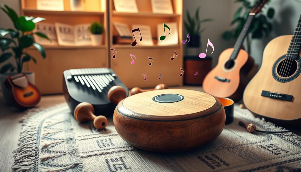 A serene music studio setting with a tongue drum as the focal point, featuring vibrant notes emanating from it, symbolizing the harmony of 432 Hz and 440 Hz tuning. In the foreground, a beautifully crafted wooden tongue drum sits atop a soft, textured mat. Surrounding it are various other instruments such as a kalimba, maracas, and a guitar, arranged neatly to indicate compatibility. The middle ground includes soft lighting highlighting the instruments, casting gentle shadows that add depth. In the background, light-colored wooden shelves filled with musical sheet music and plants create a warm atmosphere. The overall mood should evoke creativity and tranquility, inviting the viewer into a peaceful musical environment. The image should be captured with a shallow depth of field to emphasize the instruments. A serene music studio setting with a tongue drum as the focal point, featuring vibrant notes emanating from it, symbolizing the harmony of 432 Hz and 440 Hz tuning. In the foreground, a beautifully crafted wooden tongue drum sits atop a soft, textured mat. Surrounding it are various other instruments such as a kalimba, maracas, and a guitar, arranged neatly to indicate compatibility. The middle ground includes soft lighting highlighting the instruments, casting gentle shadows that add depth. In the background, light-colored wooden shelves filled with musical sheet music and plants create a warm atmosphere. The overall mood should evoke creativity and tranquility, inviting the viewer into a peaceful musical environment. The image should be captured with a shallow depth of field to emphasize the instruments.