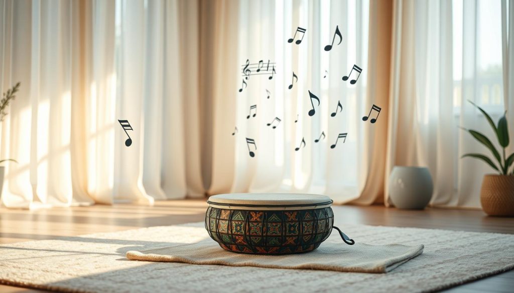 A serene music therapy setting featuring a tongue drum surrounded by various size notes and scales displayed artistically. In the foreground, the tongue drum is intricately designed with colorful patterns, positioned on a soft, textured mat. The middle ground showcases floating musical notes and scales, elegantly drifting in the air, capturing the essence of sound and harmony. The background is a softly lit room with gentle sunlight filtering through sheer curtains, creating an inviting and calming atmosphere. The mood is peaceful and soothing, perfect for children, with a warm color palette of pastel blues, greens, and gentle earth tones. The scene conveys an ideal space for nurturing creativity and emotional expression in hypersensitive children. A serene music therapy setting featuring a tongue drum surrounded by various size notes and scales displayed artistically. In the foreground, the tongue drum is intricately designed with colorful patterns, positioned on a soft, textured mat. The middle ground showcases floating musical notes and scales, elegantly drifting in the air, capturing the essence of sound and harmony. The background is a softly lit room with gentle sunlight filtering through sheer curtains, creating an inviting and calming atmosphere. The mood is peaceful and soothing, perfect for children, with a warm color palette of pastel blues, greens, and gentle earth tones. The scene conveys an ideal space for nurturing creativity and emotional expression in hypersensitive children.