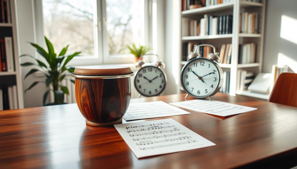 A serene workspace designed for practicing tongue drum exercises over a 30-day program. In the foreground, a beautifully crafted tongue drum sits on a polished wooden table, surrounded by sheet music featuring rhythmic patterns. In the middle ground, a gentle, modern clock ticks quietly, symbolizing the passage of time in a month-long journey. The background features soft shelves lined with musical books and a potted plant, adding a touch of greenery. Natural light streams in from a large window, creating a warm and inviting atmosphere. The overall mood is focused and inspiring, encouraging creativity and progress in music practice. The image should be framed closely to capture the details of the drum and surrounding elements, conveying an intimate yet professional ambiance.
