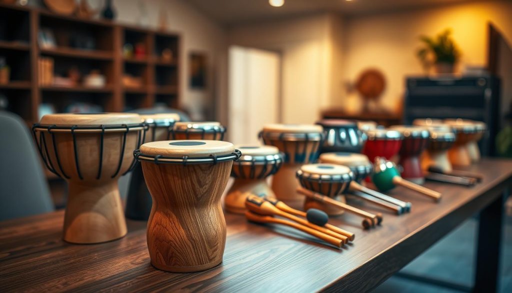 A vibrant display of various tongue drums arranged on a sleek wooden table, showcasing models available in France, highlighting their unique shapes and colors. In the foreground, a close-up of a beautifully crafted tongue drum in natural wood finish, emphasizing its intricate design. The middle ground features an array of drums in different sizes and materials, some accented with delicate patterns, placed strategically to illustrate diversity in melodies tuned to 432 Hz and 440 Hz frequencies. The background should be softly blurred, hinting at a cozy music studio with warm, ambient lighting that creates an inviting atmosphere. Captured with a shallow depth of field to draw focus on the instruments, the scene conveys a sense of artistry and availability for potential buyers. A vibrant display of various tongue drums arranged on a sleek wooden table, showcasing models available in France, highlighting their unique shapes and colors. In the foreground, a close-up of a beautifully crafted tongue drum in natural wood finish, emphasizing its intricate design. The middle ground features an array of drums in different sizes and materials, some accented with delicate patterns, placed strategically to illustrate diversity in melodies tuned to 432 Hz and 440 Hz frequencies. The background should be softly blurred, hinting at a cozy music studio with warm, ambient lighting that creates an inviting atmosphere. Captured with a shallow depth of field to draw focus on the instruments, the scene conveys a sense of artistry and availability for potential buyers.