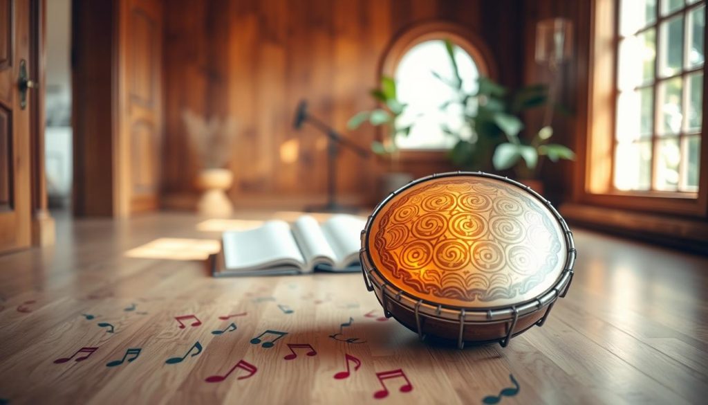 A beautifully arranged chunking mélodique tongue drum set in a serene room, with warm wooden walls and soft, natural light streaming through a large window. In the foreground, the tongue drum glistens with intricate patterns, surrounded by colorful musical notes painted lightly on the floor. In the middle ground, an open melody book lies next to the drum, its pages fluttering slightly as if caught in a gentle breeze. In the background, a subtle hint of lush greenery from plants adds an organic touch. The atmosphere is peaceful and inviting, evoking a sense of creativity and mindfulness, perfect for anyone looking to memorize musical notes. A shallow depth of field focuses on the drum while softly blurring the surroundings, enhancing the subject's prominence. A beautifully arranged chunking mélodique tongue drum set in a serene room, with warm wooden walls and soft, natural light streaming through a large window. In the foreground, the tongue drum glistens with intricate patterns, surrounded by colorful musical notes painted lightly on the floor. In the middle ground, an open melody book lies next to the drum, its pages fluttering slightly as if caught in a gentle breeze. In the background, a subtle hint of lush greenery from plants adds an organic touch. The atmosphere is peaceful and inviting, evoking a sense of creativity and mindfulness, perfect for anyone looking to memorize musical notes. A shallow depth of field focuses on the drum while softly blurring the surroundings, enhancing the subject's prominence.