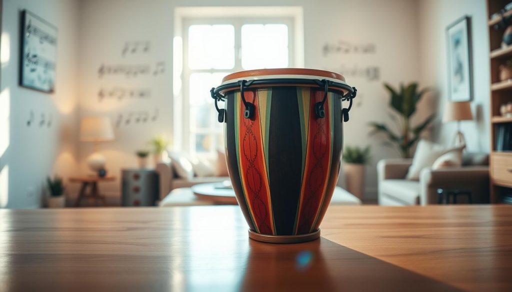 A beautifully crafted gamme tongue drum placed prominently in the foreground, showcasing its vibrant colors and unique design, including carved tones on its surface. The drum is positioned on a smooth wooden table, reflecting warm light. In the middle ground, a well-lit space with soft, diffuse natural light streaming through a large window, creating a serene and inviting atmosphere. On the walls, softly blurred musical notes and scales subtly hint at the various tonalities related to the drum, adding depth to the scene. The background is a softly colored room with cozy decor, enhancing the mood of tranquility and musical exploration. The overall lighting is warm and inviting, casting subtle shadows that highlight the contours of the drum, creating a captivating and inspiring ambiance. A beautifully crafted gamme tongue drum placed prominently in the foreground, showcasing its vibrant colors and unique design, including carved tones on its surface. The drum is positioned on a smooth wooden table, reflecting warm light. In the middle ground, a well-lit space with soft, diffuse natural light streaming through a large window, creating a serene and inviting atmosphere. On the walls, softly blurred musical notes and scales subtly hint at the various tonalities related to the drum, adding depth to the scene. The background is a softly colored room with cozy decor, enhancing the mood of tranquility and musical exploration. The overall lighting is warm and inviting, casting subtle shadows that highlight the contours of the drum, creating a captivating and inspiring ambiance.