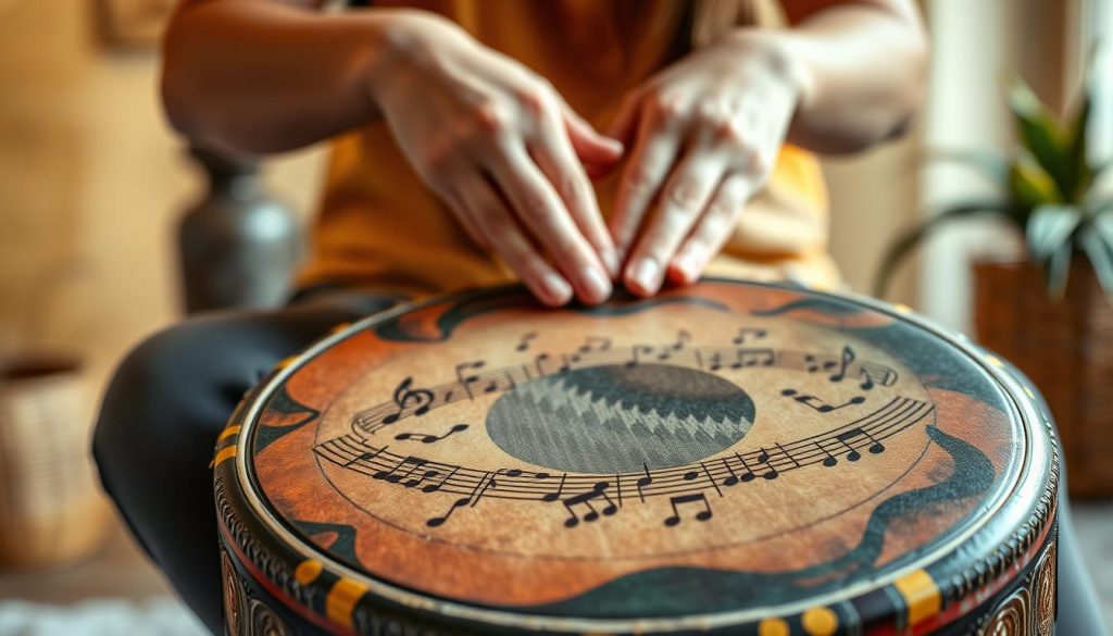 A beautifully crafted gammes tongue drum, showcasing its intricate design and vibrant colors, occupies the foreground. The drum's surface features a series of detailed notes and tunings engraved skillfully, reflecting its melodic potential. In the middle ground, a pair of hands, clad in modest casual clothing, gently strike the drum's create a soft, harmonious sound. Behind the drum, a softly blurred, warm-hued background suggests a serene setting, perhaps a cozy room with natural wood elements or plants, enhancing the tranquil atmosphere. The lighting is warm and inviting, casting gentle shadows that accentuate the drum’s curves. The scene conveys a sense of calm and focus, ideal for understanding the music theory behind this enchanting instrument. A beautifully crafted gammes tongue drum, showcasing its intricate design and vibrant colors, occupies the foreground. The drum's surface features a series of detailed notes and tunings engraved skillfully, reflecting its melodic potential. In the middle ground, a pair of hands, clad in modest casual clothing, gently strike the drum's create a soft, harmonious sound. Behind the drum, a softly blurred, warm-hued background suggests a serene setting, perhaps a cozy room with natural wood elements or plants, enhancing the tranquil atmosphere. The lighting is warm and inviting, casting gentle shadows that accentuate the drum’s curves. The scene conveys a sense of calm and focus, ideal for understanding the music theory behind this enchanting instrument.