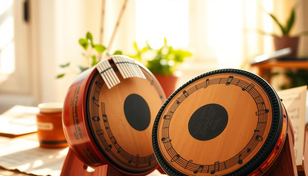 A beautifully crafted tongue drum featured prominently in the foreground, showcasing its intricate design and vibrant colors. The drum's surface displays various notes and markings, inviting curiosity about its harmonious sounds. In the middle ground, soft natural elements like potted plants and wooden music sheets create a warm, inviting ambiance. The background contains a gentle blur of a cozy, well-lit room, perhaps with warm sunlight filtering through a window, casting soft shadows. The lighting should be bright yet soft, highlighting the textures of the drum while maintaining a serene atmosphere. The overall mood is peaceful and artistic, inspiring a sense of connection to music and creativity. A beautifully crafted tongue drum featured prominently in the foreground, showcasing its intricate design and vibrant colors. The drum's surface displays various notes and markings, inviting curiosity about its harmonious sounds. In the middle ground, soft natural elements like potted plants and wooden music sheets create a warm, inviting ambiance. The background contains a gentle blur of a cozy, well-lit room, perhaps with warm sunlight filtering through a window, casting soft shadows. The lighting should be bright yet soft, highlighting the textures of the drum while maintaining a serene atmosphere. The overall mood is peaceful and artistic, inspiring a sense of connection to music and creativity.