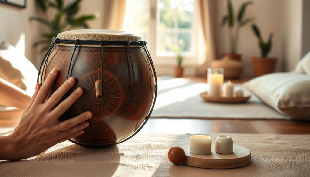A beautifully crafted tongue drum sits prominently in the foreground, its intricate patterns reflecting sunlight. The glossy surface of the drum showcases rich, earthy tones, enhancing its artisanal appeal. Surrounding the drum, softly blurred hands gently caress the instrument, emphasizing a peaceful interaction. In the middle ground, a serene meditation space is set, featuring soft cushions and calming elements like candles and plants. The background portrays a tranquil setting with soft natural light streaming through a window, illuminating the space and creating an inviting atmosphere. The mood is calm and meditative, encouraging relaxation and mindfulness. The image should evoke a sense of tranquility and harmony, perfect for illustrating the soothing sounds of the tongue drum. A beautifully crafted tongue drum sits prominently in the foreground, its intricate patterns reflecting sunlight. The glossy surface of the drum showcases rich, earthy tones, enhancing its artisanal appeal. Surrounding the drum, softly blurred hands gently caress the instrument, emphasizing a peaceful interaction. In the middle ground, a serene meditation space is set, featuring soft cushions and calming elements like candles and plants. The background portrays a tranquil setting with soft natural light streaming through a window, illuminating the space and creating an inviting atmosphere. The mood is calm and meditative, encouraging relaxation and mindfulness. The image should evoke a sense of tranquility and harmony, perfect for illustrating the soothing sounds of the tongue drum.