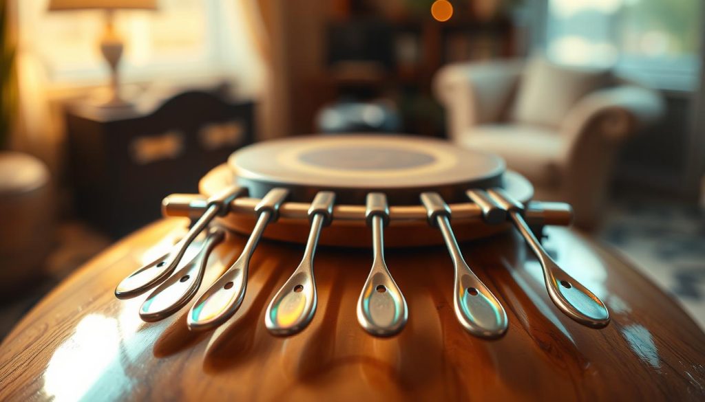 A close-up view of a beautifully crafted languettes tongue drum, showcasing its intricate design and glossy finish. The foreground highlights the metal tongues of the drum, each delicately shaped and reflecting a spectrum of soft colors under warm lighting. In the middle, the wooden base of the drum is elegantly displayed, highlighting its smooth texture and natural grain patterns. The background features a subtle bokeh effect, with hints of a serene musical setting, perhaps a cozy room or outdoor space where music thrives. The overall mood is tranquil and inviting, emphasizing the harmonic beauty of the instrument. The lighting is soft and warm, creating a peaceful atmosphere that draws the viewer in, inviting them to explore the art of sound and resonance. A close-up view of a beautifully crafted languettes tongue drum, showcasing its intricate design and glossy finish. The foreground highlights the metal tongues of the drum, each delicately shaped and reflecting a spectrum of soft colors under warm lighting. In the middle, the wooden base of the drum is elegantly displayed, highlighting its smooth texture and natural grain patterns. The background features a subtle bokeh effect, with hints of a serene musical setting, perhaps a cozy room or outdoor space where music thrives. The overall mood is tranquil and inviting, emphasizing the harmonic beauty of the instrument. The lighting is soft and warm, creating a peaceful atmosphere that draws the viewer in, inviting them to explore the art of sound and resonance.