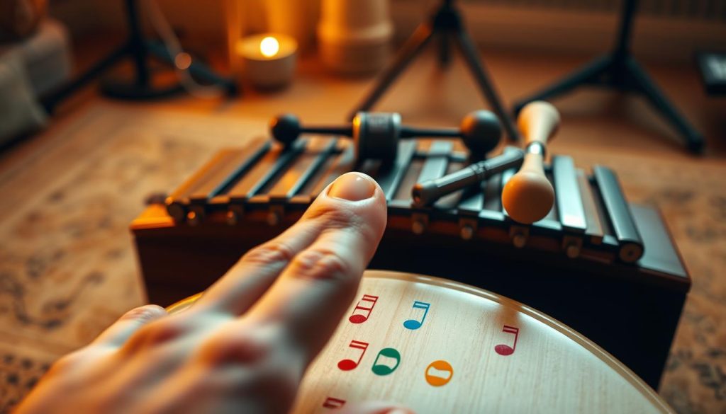 A close-up view of a beautifully crafted tongue drum, featuring its distinct, colorful notes clearly labeled on the surface. In the foreground, a person's hand gently hovers over the drum, fingers poised to strike a note, showcasing proper technique. The middle layer captures various tuning tools, such as a tuner and a mallet, arranged meticulously around the drum, suggesting precision and focus. The background has a softly blurred musical setting, with warm, ambient lighting that creates a calm and inviting atmosphere. The angle is slightly elevated, emphasizing the intricate details of the tongue drum. The overall mood is serene and contemplative, ideal for a learning environment dedicated to music mastery. A close-up view of a beautifully crafted tongue drum, featuring its distinct, colorful notes clearly labeled on the surface. In the foreground, a person's hand gently hovers over the drum, fingers poised to strike a note, showcasing proper technique. The middle layer captures various tuning tools, such as a tuner and a mallet, arranged meticulously around the drum, suggesting precision and focus. The background has a softly blurred musical setting, with warm, ambient lighting that creates a calm and inviting atmosphere. The angle is slightly elevated, emphasizing the intricate details of the tongue drum. The overall mood is serene and contemplative, ideal for a learning environment dedicated to music mastery.