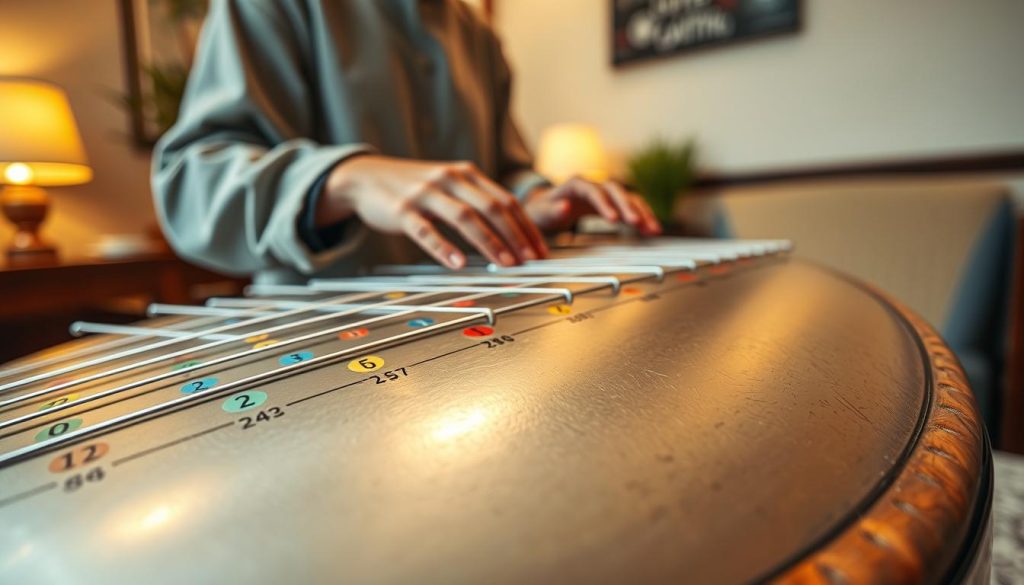 A close-up view of a beautifully crafted tongue drum, showcasing its intricate marquages on the tongues. The drum should feature a range of colors, with labels including numbers, dots, and vibrant hues that represent different notes. The foreground should focus on the drum, capturing the textures of the metal surface and the details of the markings. In the middle ground, include gentle hands playing the drum, dressed in casual but modest attire, demonstrating the interaction with the instrument. The background should be softly blurred, featuring a serene indoor setting with warm lighting, creating a calming atmosphere that highlights the beauty and functionality of the tongue drum. The angle should be slightly elevated, allowing for an optimal view of the drum and the markings, evoking a sense of musical harmony. A close-up view of a beautifully crafted tongue drum, showcasing its intricate marquages on the tongues. The drum should feature a range of colors, with labels including numbers, dots, and vibrant hues that represent different notes. The foreground should focus on the drum, capturing the textures of the metal surface and the details of the markings. In the middle ground, include gentle hands playing the drum, dressed in casual but modest attire, demonstrating the interaction with the instrument. The background should be softly blurred, featuring a serene indoor setting with warm lighting, creating a calming atmosphere that highlights the beauty and functionality of the tongue drum. The angle should be slightly elevated, allowing for an optimal view of the drum and the markings, evoking a sense of musical harmony.