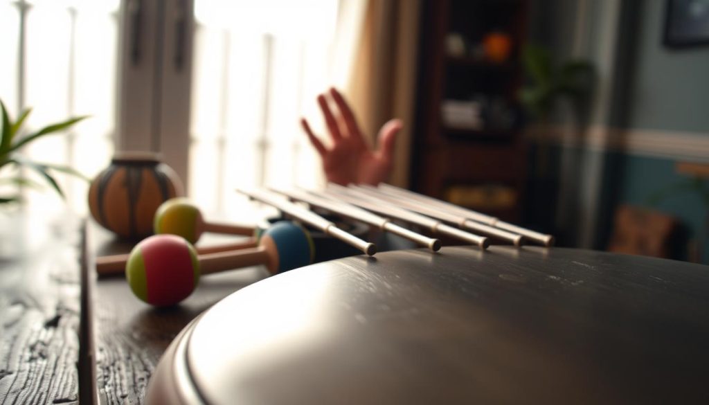 A close-up view of a beautifully crafted tongue drum, showcasing its smooth, metallic surface with distinct notes highlighted. The drum is in the foreground, resting on a rustic wooden table, with colorful mallets placed strategically beside it. In the middle ground, a serene setting with a softly blurred hand reaching towards the drum, illustrating the process of identifying notes. The background features gentle natural lighting streaming through a window, casting soft shadows that create a calming atmosphere, reminiscent of a peaceful music studio. The overall mood is inviting and tranquil, perfect for understanding the notes of the instrument, with an emphasis on clarity and detail. A close-up view of a beautifully crafted tongue drum, showcasing its smooth, metallic surface with distinct notes highlighted. The drum is in the foreground, resting on a rustic wooden table, with colorful mallets placed strategically beside it. In the middle ground, a serene setting with a softly blurred hand reaching towards the drum, illustrating the process of identifying notes. The background features gentle natural lighting streaming through a window, casting soft shadows that create a calming atmosphere, reminiscent of a peaceful music studio. The overall mood is inviting and tranquil, perfect for understanding the notes of the instrument, with an emphasis on clarity and detail.