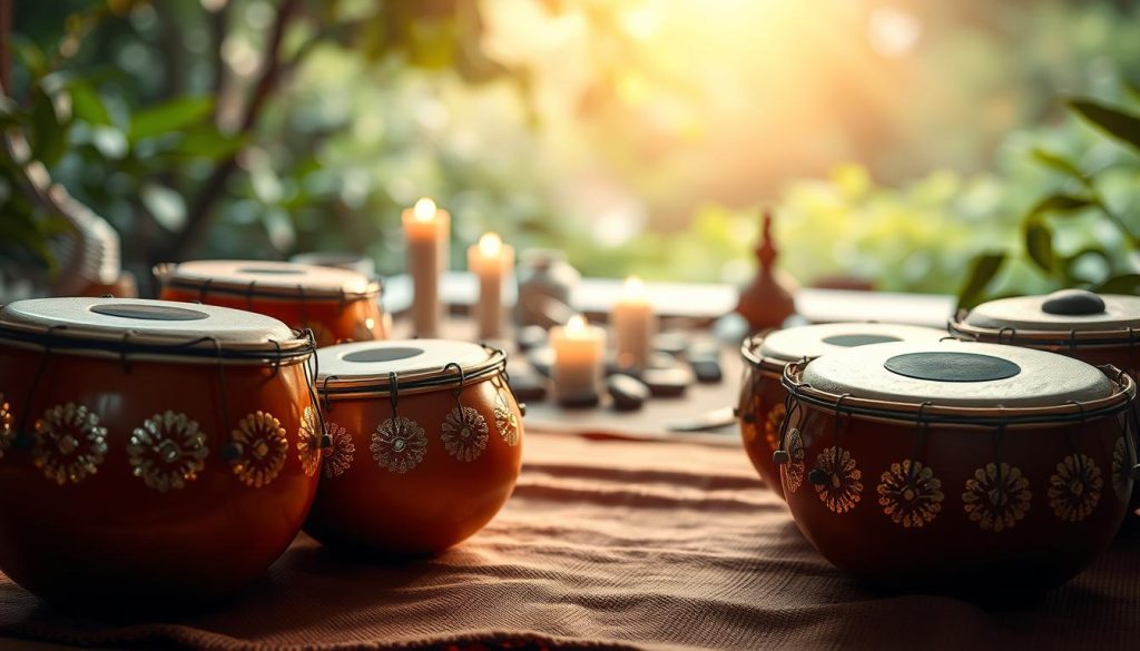 A serene and harmonious scene featuring a variety of tongue drums in soft hues, displayed prominently in the foreground with glimmering metallic accents and intricate designs. The middle ground shows a tranquil space with meditative elements like candles and pebbles, enhancing the atmosphere of relaxation. In the background, a gentle, blurred nature setting with lush greenery suggests calmness and focus. Soft, warm lighting filters in, creating a peaceful ambiance that encourages concentration and mindfulness. The overall mood is serene and inviting, perfect for a meditation practice, highlighting the beauty of musical rhythms and techniques. The image should evoke a sense of tranquility and encourage viewers to explore relaxation through sound. A serene and harmonious scene featuring a variety of tongue drums in soft hues, displayed prominently in the foreground with glimmering metallic accents and intricate designs. The middle ground shows a tranquil space with meditative elements like candles and pebbles, enhancing the atmosphere of relaxation. In the background, a gentle, blurred nature setting with lush greenery suggests calmness and focus. Soft, warm lighting filters in, creating a peaceful ambiance that encourages concentration and mindfulness. The overall mood is serene and inviting, perfect for a meditation practice, highlighting the beauty of musical rhythms and techniques. The image should evoke a sense of tranquility and encourage viewers to explore relaxation through sound.