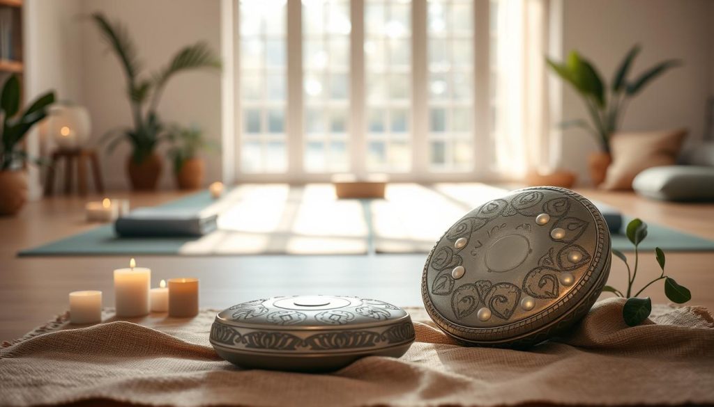 A serene atmosphere featuring a tongue drum placed on a soft, natural textile mat in a calm, softly lit yoga studio. The tongue drum, with intricate designs and metallic sheen, occupies the foreground, showcasing its carved notes that evoke vibrations. Surrounding it are calming elements such as plants and candles, enhancing the tranquil environment. In the middle, soft sunlight filters through large windows, casting gentle shadows and highlighting the contours of the drum. In the background, muted colors create a sense of relaxation, with blurred images of yoga mats and cushions. The overall mood is peaceful and meditative, illustrating the ideal setting for selecting and tuning the instrument for yoga nidra practice. A serene atmosphere featuring a tongue drum placed on a soft, natural textile mat in a calm, softly lit yoga studio. The tongue drum, with intricate designs and metallic sheen, occupies the foreground, showcasing its carved notes that evoke vibrations. Surrounding it are calming elements such as plants and candles, enhancing the tranquil environment. In the middle, soft sunlight filters through large windows, casting gentle shadows and highlighting the contours of the drum. In the background, muted colors create a sense of relaxation, with blurred images of yoga mats and cushions. The overall mood is peaceful and meditative, illustrating the ideal setting for selecting and tuning the instrument for yoga nidra practice.