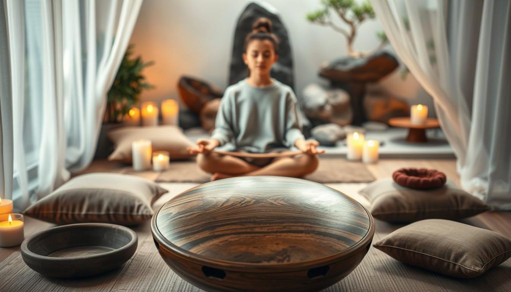 A serene indoor meditation space featuring a beautifully crafted tongue drum made of polished wood, gently emitting visual vibrations rippling across the air. In the foreground, soft light filters through sheer curtains, highlighting the intricate designs of the drum's surface. Surrounded by calming accessories like sage, candles, and cushions in earthy tones, the scene exudes tranquility. In the middle, a person dressed in modest casual clothing sits cross-legged, eyes closed, deeply engaged in meditation while connecting with the instrument. The background softly blends with a zen garden theme, featuring rocks and greenery that enhance the peaceful atmosphere. The lighting is warm and inviting, creating a cozy, harmonious mood, captured with a slightly blurred depth of field effect to emphasize the subject. A serene indoor meditation space featuring a beautifully crafted tongue drum made of polished wood, gently emitting visual vibrations rippling across the air. In the foreground, soft light filters through sheer curtains, highlighting the intricate designs of the drum's surface. Surrounded by calming accessories like sage, candles, and cushions in earthy tones, the scene exudes tranquility. In the middle, a person dressed in modest casual clothing sits cross-legged, eyes closed, deeply engaged in meditation while connecting with the instrument. The background softly blends with a zen garden theme, featuring rocks and greenery that enhance the peaceful atmosphere. The lighting is warm and inviting, creating a cozy, harmonious mood, captured with a slightly blurred depth of field effect to emphasize the subject.
