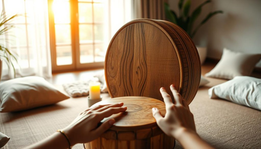 A serene indoor space featuring a central tongue drum made of natural wood, its surface adorned with intricate carvings. In the foreground, a pair of calm hands with elegant fingers gently tapping on the drum's surface, creating a sense of peaceful engagement. In the middle ground, a softly glowing candle flickers beside the drum, casting warm, ambient light that highlights the wood's texture. Surrounding the scene, plush cushions and soft blankets are arranged on a cozy mat, inviting relaxation and meditation. The background reveals a large window through which gentle sunlight pours in, illuminating the room with a tranquil, golden hue. The atmosphere is peaceful and grounding, evoking feelings of mindfulness and spiritual connection. A serene indoor space featuring a central tongue drum made of natural wood, its surface adorned with intricate carvings. In the foreground, a pair of calm hands with elegant fingers gently tapping on the drum's surface, creating a sense of peaceful engagement. In the middle ground, a softly glowing candle flickers beside the drum, casting warm, ambient light that highlights the wood's texture. Surrounding the scene, plush cushions and soft blankets are arranged on a cozy mat, inviting relaxation and meditation. The background reveals a large window through which gentle sunlight pours in, illuminating the room with a tranquil, golden hue. The atmosphere is peaceful and grounding, evoking feelings of mindfulness and spiritual connection.