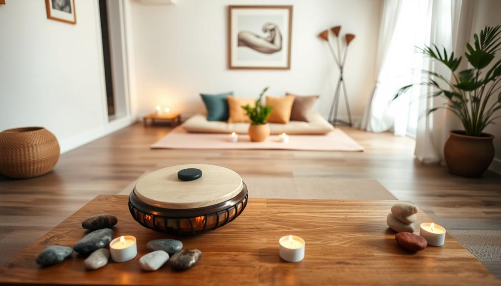 A serene indoor space prepared for a tongue drum session, with soft, ambient lighting casting gentle shadows. In the foreground, a calming setup featuring a beautifully crafted tongue drum on a low wooden table, surrounded by smooth river stones and flickering tea candles. In the middle, a comfortable yoga mat laid out with a few cushions, inviting for relaxation, while a potted plant adds a touch of nature. The background shows soft, pastel-colored walls adorned with harmonious artwork. The atmosphere is tranquil and inviting, suggesting a peaceful sanctuary for sound therapy. The scene is captured from a slightly elevated angle, emphasizing the cozy arrangement and creating a sense of warmth and mindfulness. A serene indoor space prepared for a tongue drum session, with soft, ambient lighting casting gentle shadows. In the foreground, a calming setup featuring a beautifully crafted tongue drum on a low wooden table, surrounded by smooth river stones and flickering tea candles. In the middle, a comfortable yoga mat laid out with a few cushions, inviting for relaxation, while a potted plant adds a touch of nature. The background shows soft, pastel-colored walls adorned with harmonious artwork. The atmosphere is tranquil and inviting, suggesting a peaceful sanctuary for sound therapy. The scene is captured from a slightly elevated angle, emphasizing the cozy arrangement and creating a sense of warmth and mindfulness.