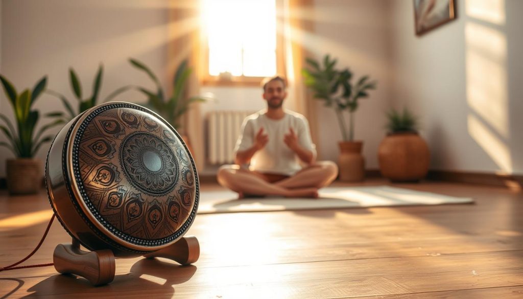 A serene meditation scene featuring a beautifully crafted tongue drum, prominently displayed in the foreground. The drum, made of polished metal and wood, shows intricate patterns and rich colors that reflect light. In the middle ground, a person sits cross-legged, dressed in modest casual clothing, gently playing the tongue drum, creating a tranquil ambiance. Soft rays of warm, golden light filter through a window, illuminating the space and enhancing the peaceful atmosphere. In the background, a simple, calming interior decor with plants and natural textures completes the scene. The overall mood is harmonious and serene, inviting viewers to immerse in the calming practice of meditation and yoga nidra. A serene meditation scene featuring a beautifully crafted tongue drum, prominently displayed in the foreground. The drum, made of polished metal and wood, shows intricate patterns and rich colors that reflect light. In the middle ground, a person sits cross-legged, dressed in modest casual clothing, gently playing the tongue drum, creating a tranquil ambiance. Soft rays of warm, golden light filter through a window, illuminating the space and enhancing the peaceful atmosphere. In the background, a simple, calming interior decor with plants and natural textures completes the scene. The overall mood is harmonious and serene, inviting viewers to immerse in the calming practice of meditation and yoga nidra.