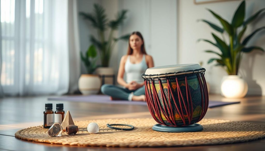 A serene yoga studio setting, featuring an elegantly crafted tongue drum as the focal point, placed on a woven mat. The drum is intricately designed, showcasing vibrant colors and patterns that reflect quality craftsmanship. In the foreground, soft, ambient lighting casts gentle shadows, enhancing the textures of the drum and nearby accessories, such as soothing crystals and essential oil bottles. In the middle ground, a peaceful practitioner in modest casual attire sits cross-legged, eyes closed, embodying tranquility and focus. The background softly fades into a lightly decorated space with houseplants and dimmed natural light filtering through sheer curtains. The overall mood is calming and harmonious, inviting viewers to embrace a mindful, meditative experience. A serene yoga studio setting, featuring an elegantly crafted tongue drum as the focal point, placed on a woven mat. The drum is intricately designed, showcasing vibrant colors and patterns that reflect quality craftsmanship. In the foreground, soft, ambient lighting casts gentle shadows, enhancing the textures of the drum and nearby accessories, such as soothing crystals and essential oil bottles. In the middle ground, a peaceful practitioner in modest casual attire sits cross-legged, eyes closed, embodying tranquility and focus. The background softly fades into a lightly decorated space with houseplants and dimmed natural light filtering through sheer curtains. The overall mood is calming and harmonious, inviting viewers to embrace a mindful, meditative experience.