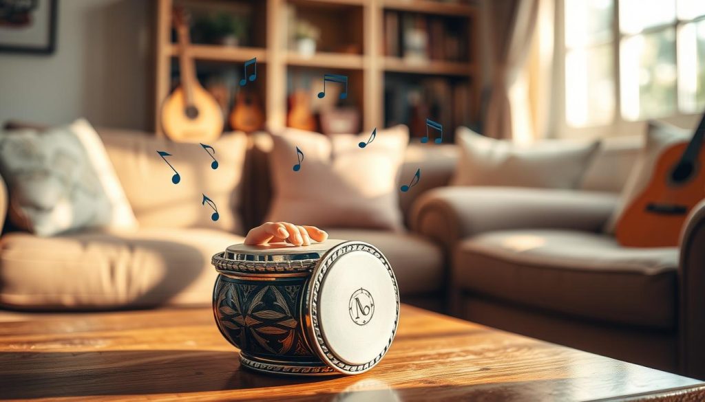 A beautifully crafted mini tongue drum rests on a wooden table in a cozy, warmly lit room. The drum, made from polished steel, features intricate carvings and vibrant hues reflecting its craftsmanship. In the foreground, delicate fingers lightly tap the surface, producing soft, melodic sounds, with musical notes subtly illustrated around the drum. The middle ground displays an inviting ambiance, with soft cushions and a bookshelf filled with various musical instruments. In the background, soft sunlight filters through a nearby window, casting gentle shadows that enhance the cozy atmosphere. A shallow depth of field focuses on the drum and hands, inviting the viewer into this serene, music-filled moment. The mood is peaceful and inviting, emphasizing the beauty and artistry of the mini tongue drum as a genuine musical instrument. A beautifully crafted mini tongue drum rests on a wooden table in a cozy, warmly lit room. The drum, made from polished steel, features intricate carvings and vibrant hues reflecting its craftsmanship. In the foreground, delicate fingers lightly tap the surface, producing soft, melodic sounds, with musical notes subtly illustrated around the drum. The middle ground displays an inviting ambiance, with soft cushions and a bookshelf filled with various musical instruments. In the background, soft sunlight filters through a nearby window, casting gentle shadows that enhance the cozy atmosphere. A shallow depth of field focuses on the drum and hands, inviting the viewer into this serene, music-filled moment. The mood is peaceful and inviting, emphasizing the beauty and artistry of the mini tongue drum as a genuine musical instrument.